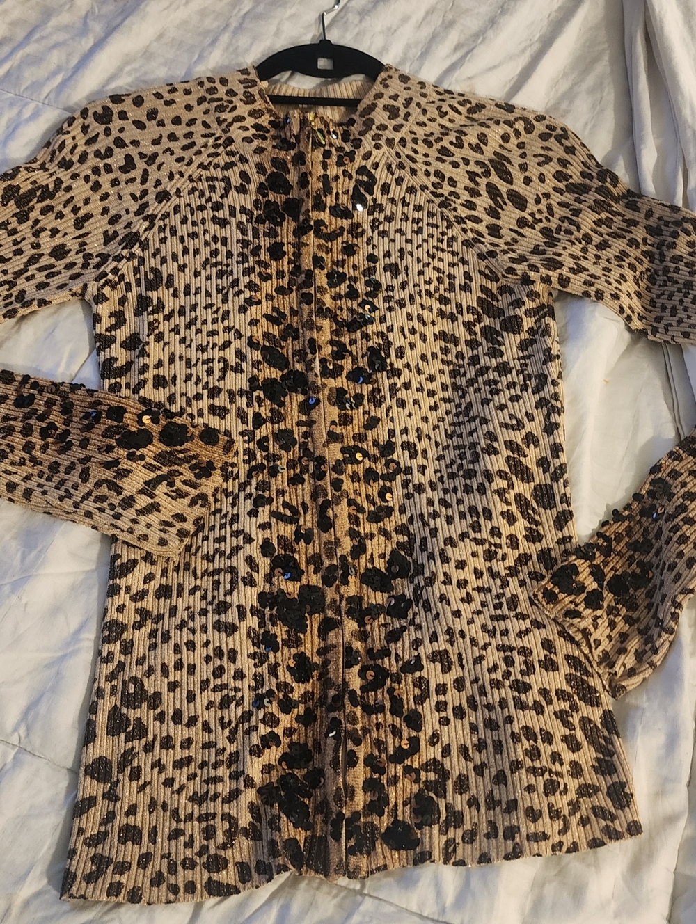 Belldini Leopard Print Ribbed Sequin Sweater - Brown & Black